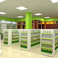 Pharmacy Specialty Store Interior with Shelves Full of Health Products and Green Pillars