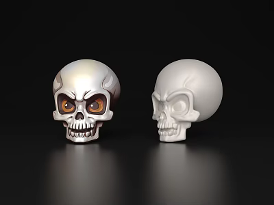 Two Detailed Skulls With Colored Eyes And White Skull On Black Background 3d model