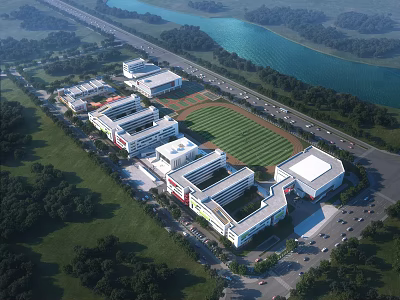 Aerial View of School Buildings With Green Sports Field Surrounding Trees and Nearby Lake 3d model