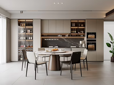Modern Restaurant Interior With Round Dining Table Chairs Wine Racks And Green Plant 3d model