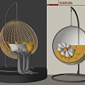 Rattan and Transparent Sphere Hanging Chairs With Yellow White Cushions Gray Blanket and Daisy