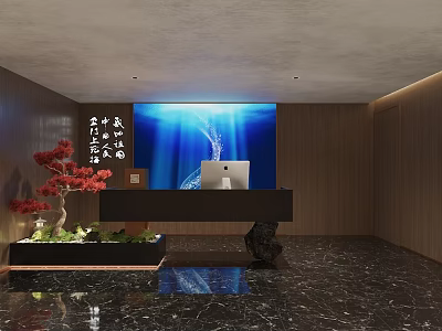 Elegant Store Front Desk With Large Blue Screen Apple iMac Wooden Walls And Red Tree 3d model