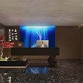 Elegant Store Front Desk With Large Blue Screen Apple iMac Wooden Walls And Red Tree