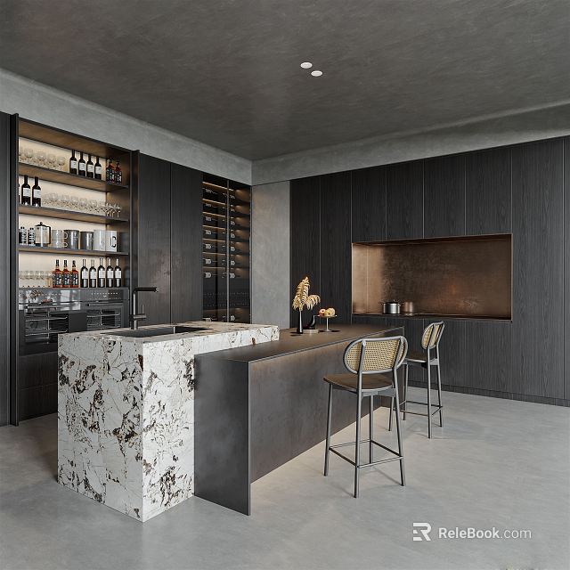 Modern Dark Kitchen Interior With Marble Island Wine Storage Cabinets And Bar Stools 3d model 