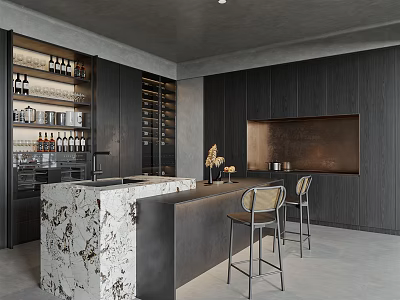 Modern Dark Kitchen Interior With Marble Island Wine Storage Cabinets And Bar Stools 3d model