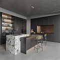 Modern Dark Kitchen Interior With Marble Island Wine Storage Cabinets And Bar Stools
