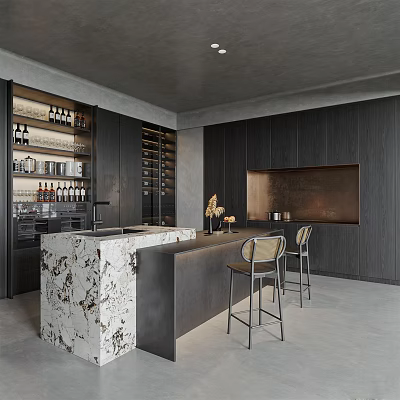 Modern Dark Kitchen Interior With Marble Island Wine Storage Cabinets And Bar Stools 3d model