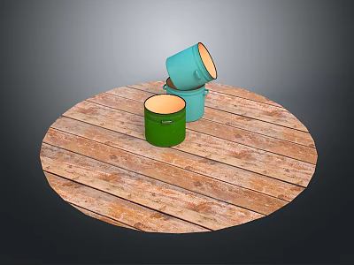 Colorful Buckets Stacked As Daily Living Supplies On Wooden Round Platform 3d model