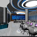 Modern Public Office Interior With Blue Walls White Desks Gray Chairs Computer Monitors And Shelves