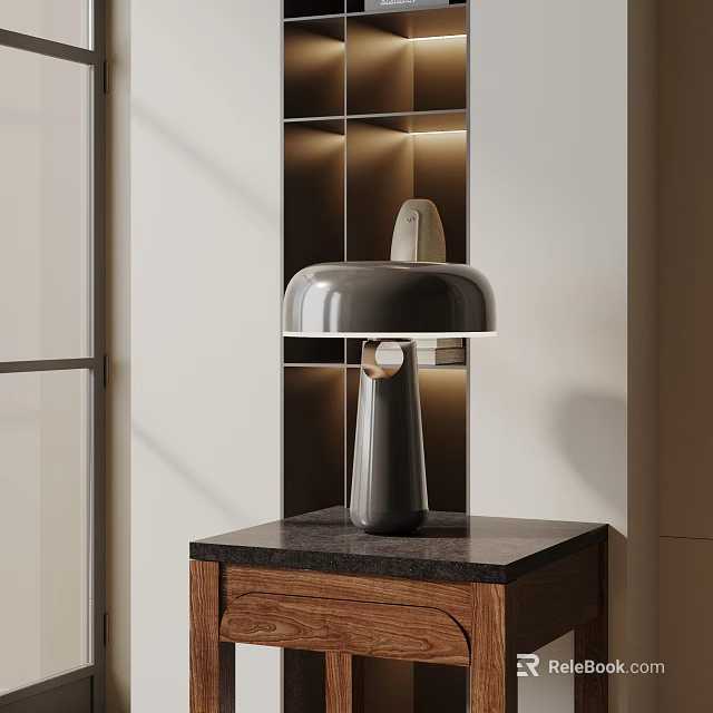 Modern Sleek Table Lamp on Dark Marble Top Wooden Cabinet with Illuminated Lattice 3d model 