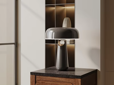 Modern Sleek Table Lamp on Dark Marble Top Wooden Cabinet with Illuminated Lattice 3d model