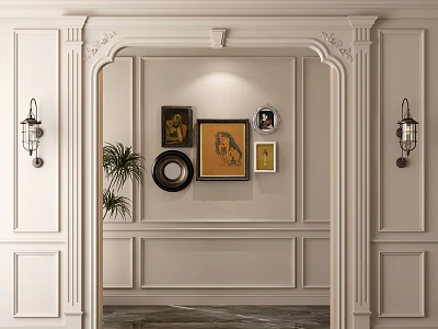 Decorative Wall Interior With Ornate Archway Artworks Mirror Wall Sconces And Potted Plant 3d model