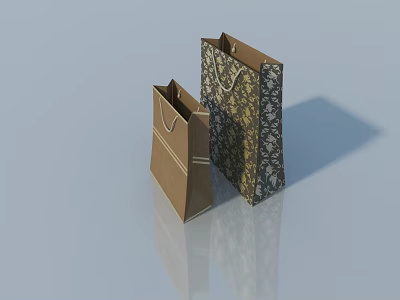 Two Fashionable Paper Shopping Bags With Brown Stripes And Patterned Design On Light Blue Surface 3d model