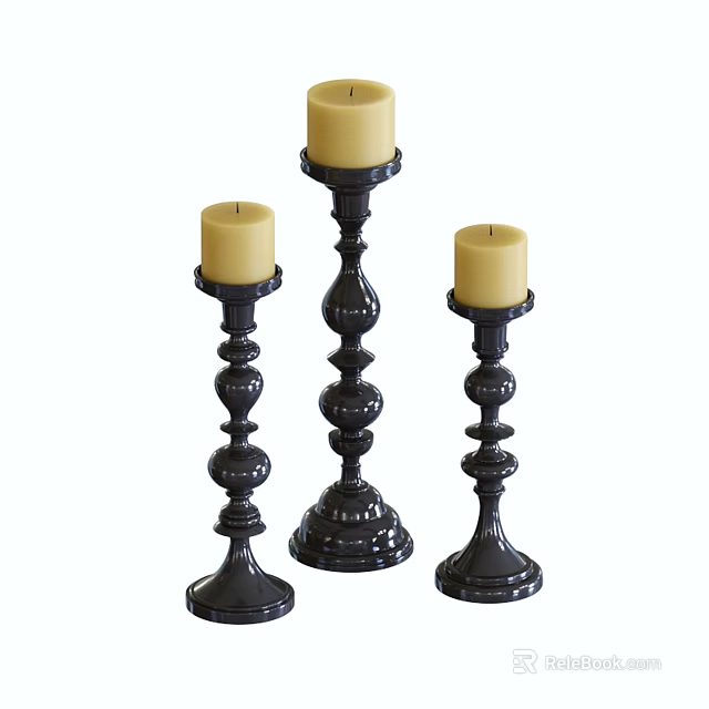 Black Candle Holders with Yellow Candles Ornate Spherical Design Three Piece Set Decorative Home Accents 3d model 
