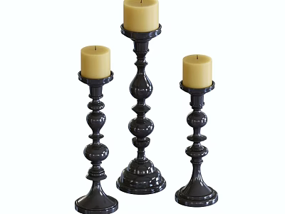 Black Candle Holders with Yellow Candles Ornate Spherical Design Three Piece Set Decorative Home Accents 3d model