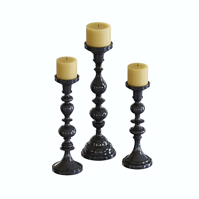 Black Candle Holders with Yellow Candles Ornate Spherical Design Three Piece Set Decorative Home Accents 3d model