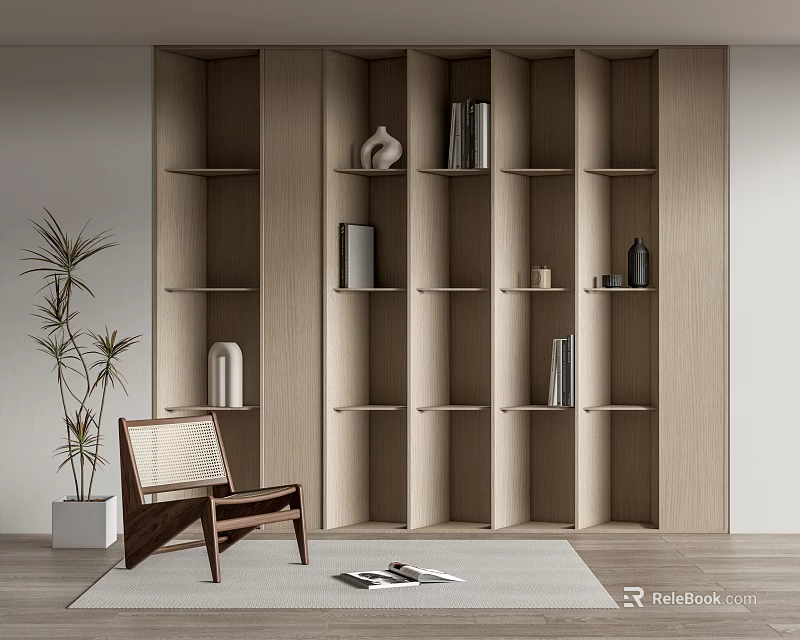 Modern Wooden Bookcase With Multiple Shelves And Decorative Items Accent Chair Potted Plant And Rug 3d model 