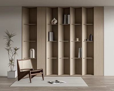Modern Wooden Bookcase With Multiple Shelves And Decorative Items Accent Chair Potted Plant And Rug 3d model