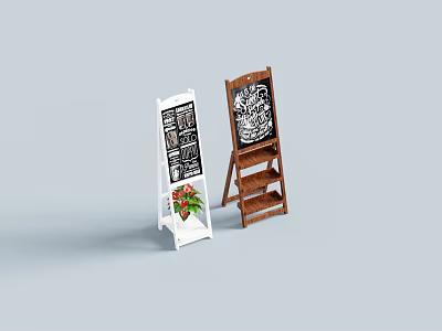 Modern Swing Doors in White and Brown with Menu Boards Poster and Potted Plant 3d model