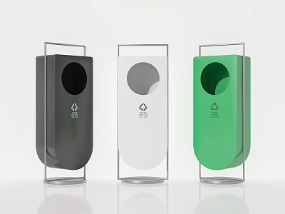 Public Facility Recycling Bins In Black White Green With Recycling Symbols 3d model