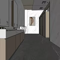 Modern Public Restroom Interior With Washbasins Mirrors Stalls Lighting And Gray Floor