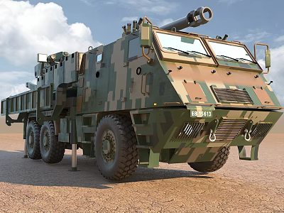 Military Functional Vehicle Featuring Camouflage Design Large Wheels And Top Mounted Weapon System 3d model
