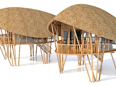 Elevated Bamboo Buildings With Thatched Roofs Wooden Balconies And Staircases 3d model