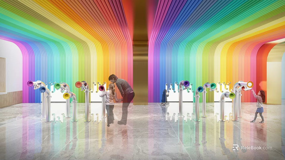 Rainbow Colored Corridor With Revolving Doors Shiny Floor Two People Interacting 3d model 