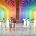 Rainbow Colored Corridor With Revolving Doors Shiny Floor Two People Interacting