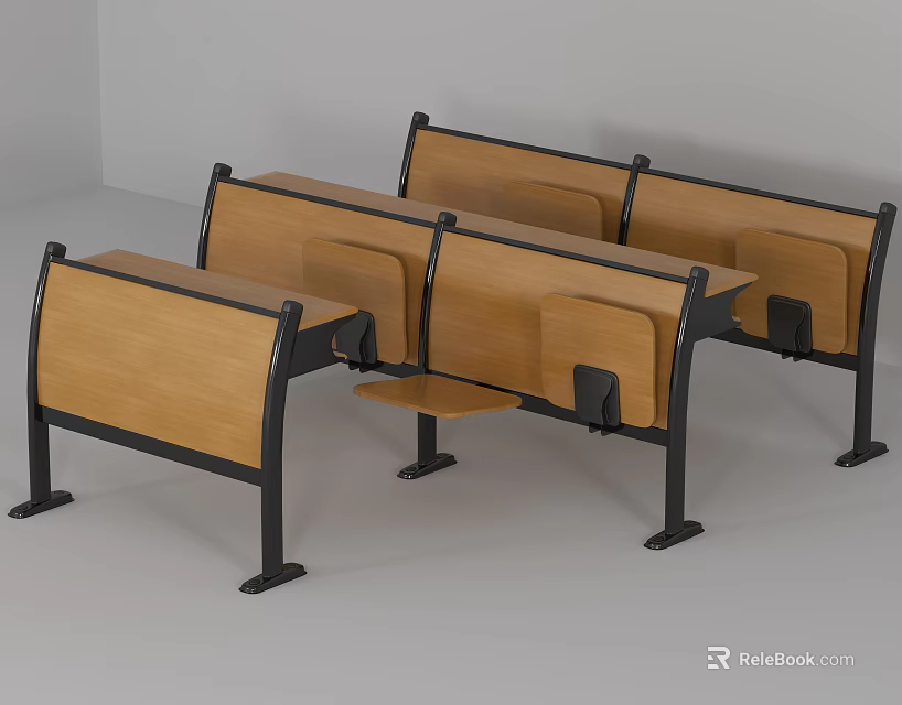 Public Chairs With Wooden Seats And Black Metal Frames Including Writing Tablets 3d model 