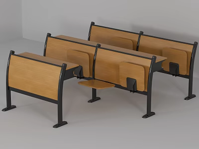 Public Chairs With Wooden Seats And Black Metal Frames Including Writing Tablets 3d model
