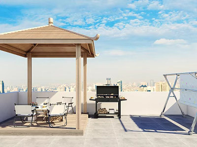Cozy Home Balcony With Wooden Gazebo Outdoor Furniture And City Skyline View 3d model