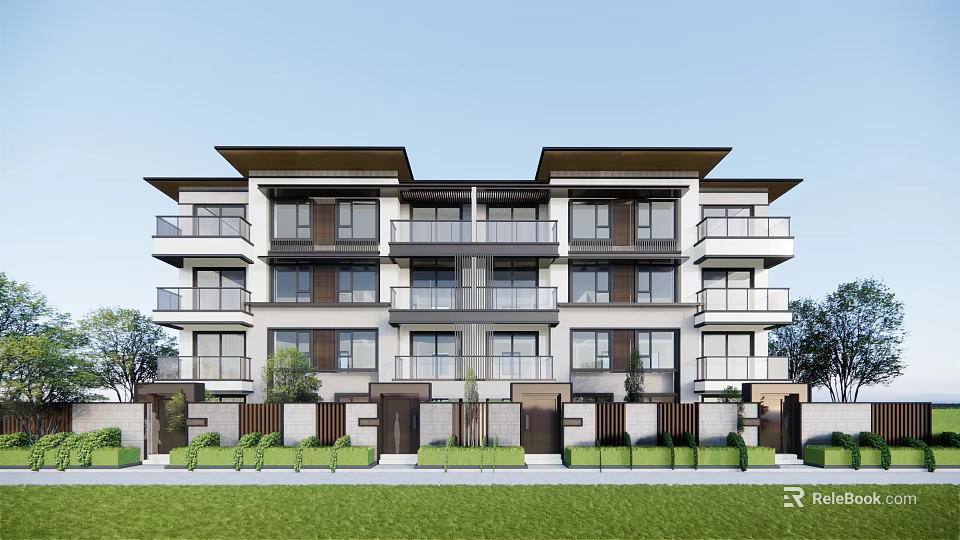 Modern Three Story Townhouse Exterior With Balconies Large Windows And Green Lawn 3d model 