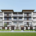 Modern Three Story Townhouse Exterior With Balconies Large Windows And Green Lawn