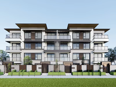 Modern Three Story Townhouse Exterior With Balconies Large Windows And Green Lawn 3d model