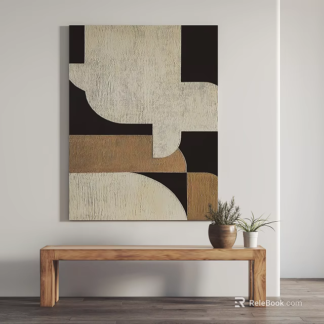 Abstract Wall Art Above Wooden Console Table With Plants 3d model