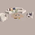 Modern Curved Sofa Set with Light Beige Upholstery Decorative Pillows Coffee Table and Potted Plant
