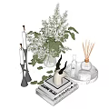 Elegant Decorative Ornament Set With White Lilac Flowers Glass Vase Candles And Reed Diffuser