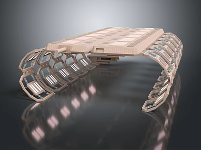 Futuristic Cartoon Scene Featuring Curved Building With Transparent Windows Metallic Frame And Water Reflection 3d model