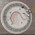 Round Gray And White Rug With Pink Dinosaur Heart Patterns For Kids Room