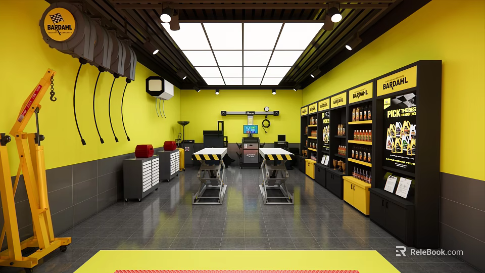 4S Auto Service Shop Interior With Yellow Black Walls Tool Racks And Equipment 3d model 