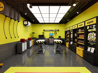 4S Auto Service Shop Interior With Yellow Black Walls Tool Racks And Equipment 3d model
