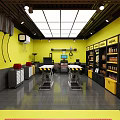 4S Auto Service Shop Interior With Yellow Black Walls Tool Racks And Equipment
