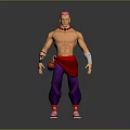 Muscular Shirtless Character With Pink Hair Red Sash Wrist Wraps Purple Pants And Red Sneakers