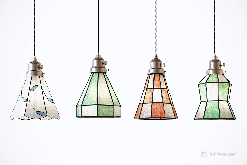 Decorative Stained Glass Pendant Lights With Unique Colorful Patterns And Metal Bases Design 3d model 