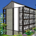 Modern Multi Storey Hotel Building With Balconies Stone Exterior And Lush Greenery