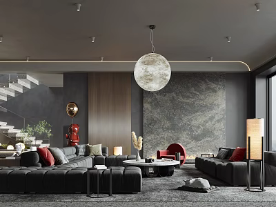 Modern Dark Living Room With Large Sofas And Pendant Light 3d model