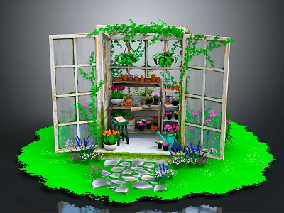 Charming Cartoon Scene With Old Window Frame Vines Potted Plants Green Grass And Stone Path 3d model