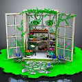 Charming Cartoon Scene With Old Window Frame Vines Potted Plants Green Grass And Stone Path