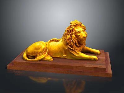 Ornate Golden Lion Statue Lying On Polished Wooden Base Decorative Art Piece 3d model